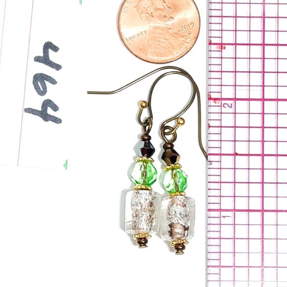 artisan earrings 464#mfs NEW boho foil center glass barrel beads goth green crys - Picture 3 of 5